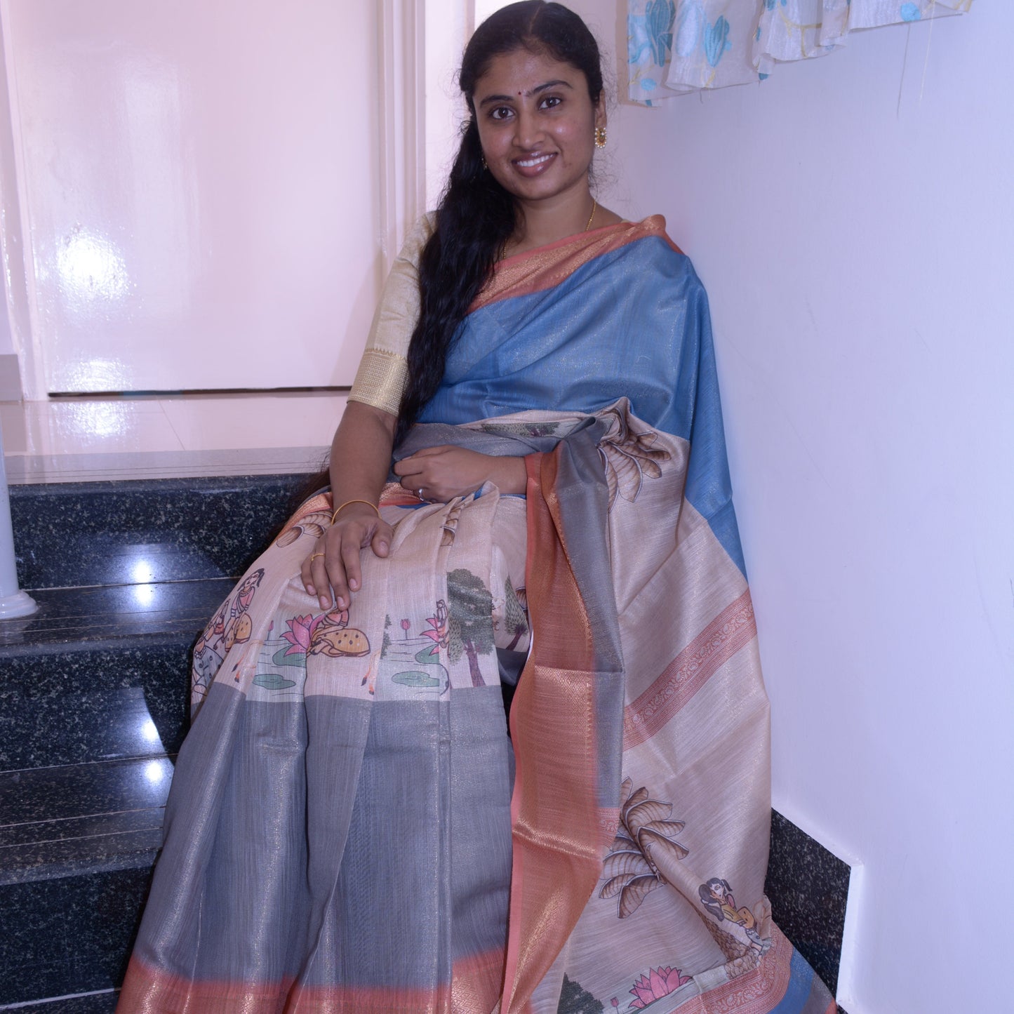 Blue cotton blend kalamkari border saree