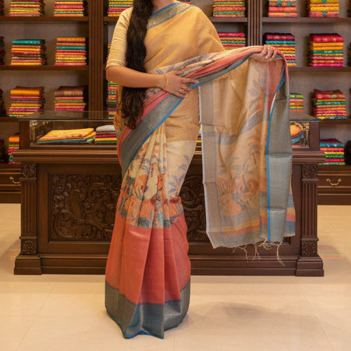 Multi colour blue cotton blend kalamkari border