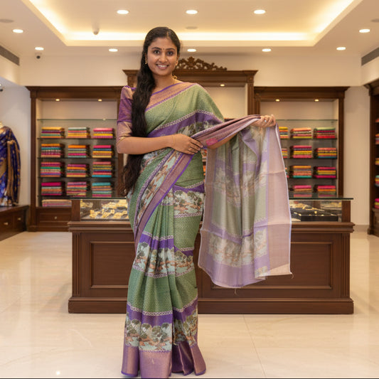 Green cotton blend kalamkari border saree