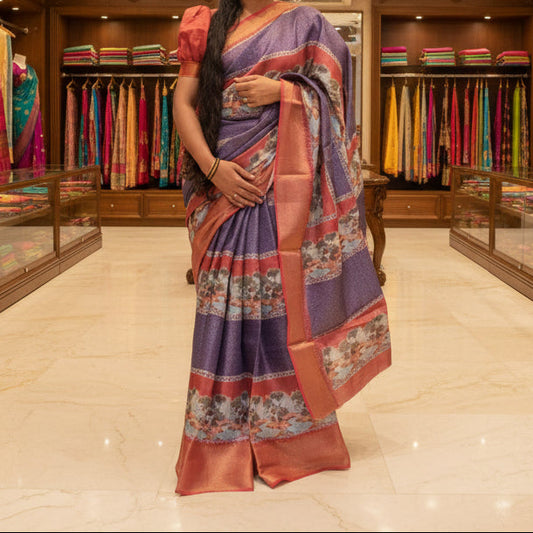 Purple with orange cotton blend kalamkari saree