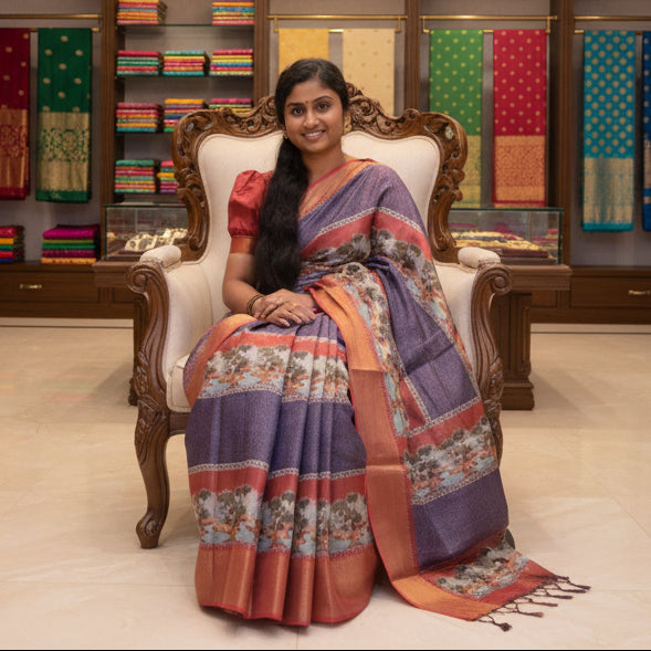 Purple with orange cotton blend kalamkari saree