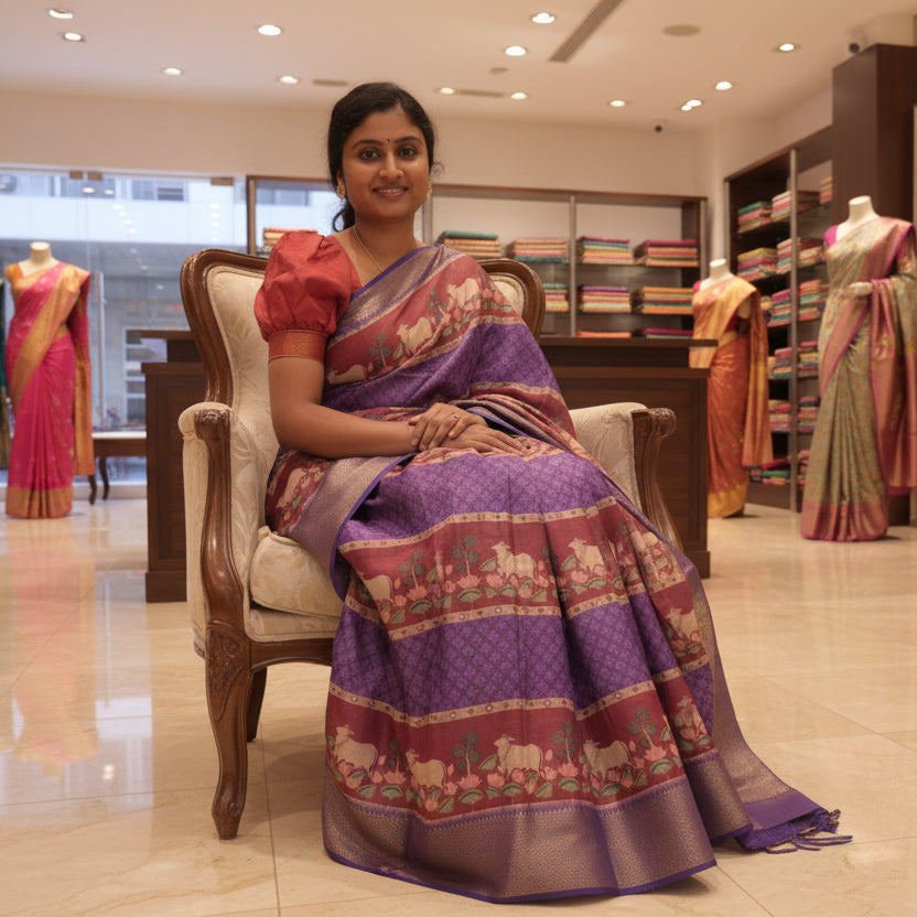 Purple cotton blend kalamkari saree