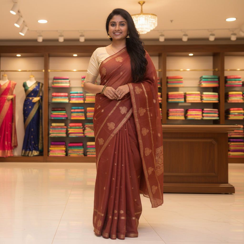 Brown Chinnon butta border saree