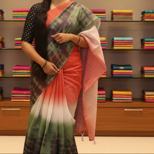 Orange and green linen shiborl print saree
