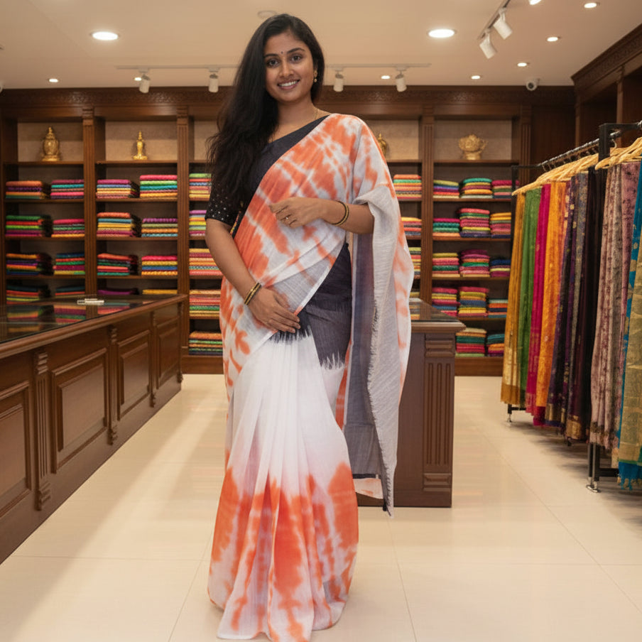 Orange with black linen shibori print saree