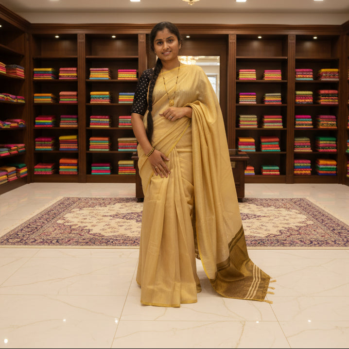 Cream and black khadi tissue saree
