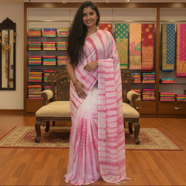 Pink with magenta linen shibori print saree