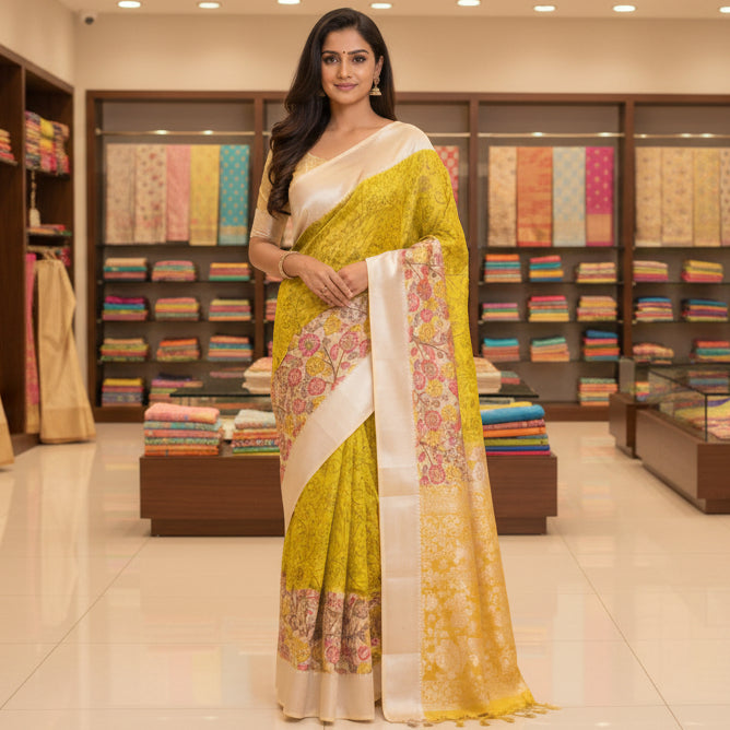 Yellow handloom mangalagiri silk saree