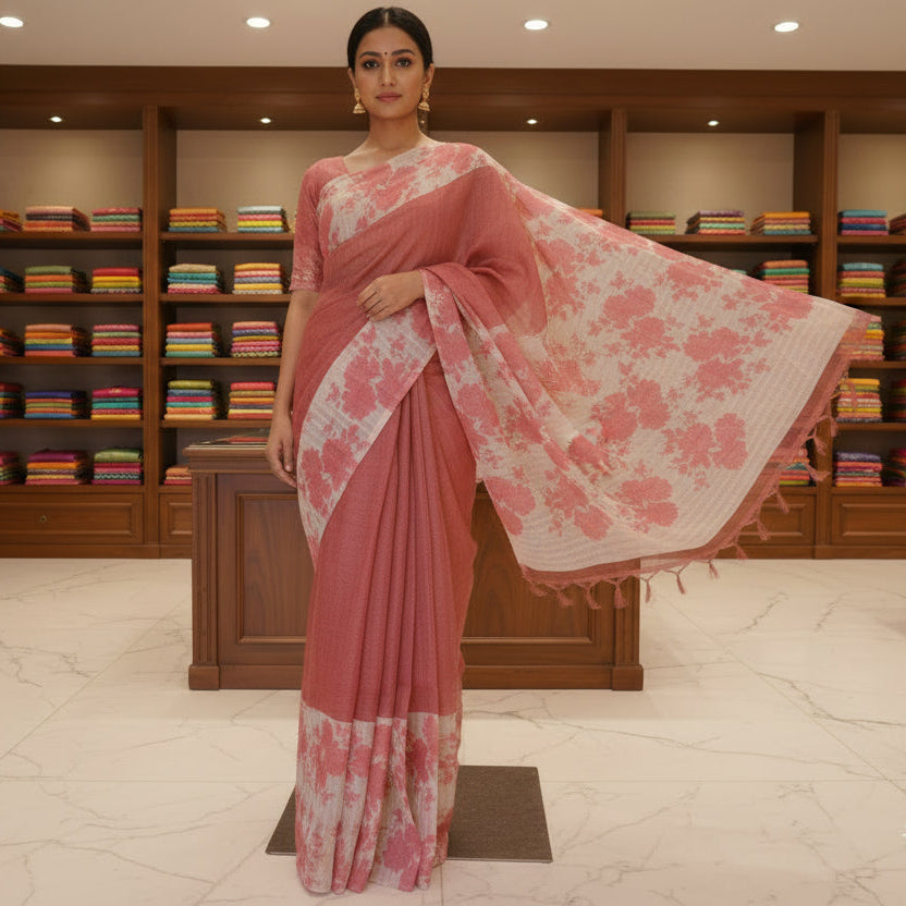 Maroon khadi tissue floral border saree