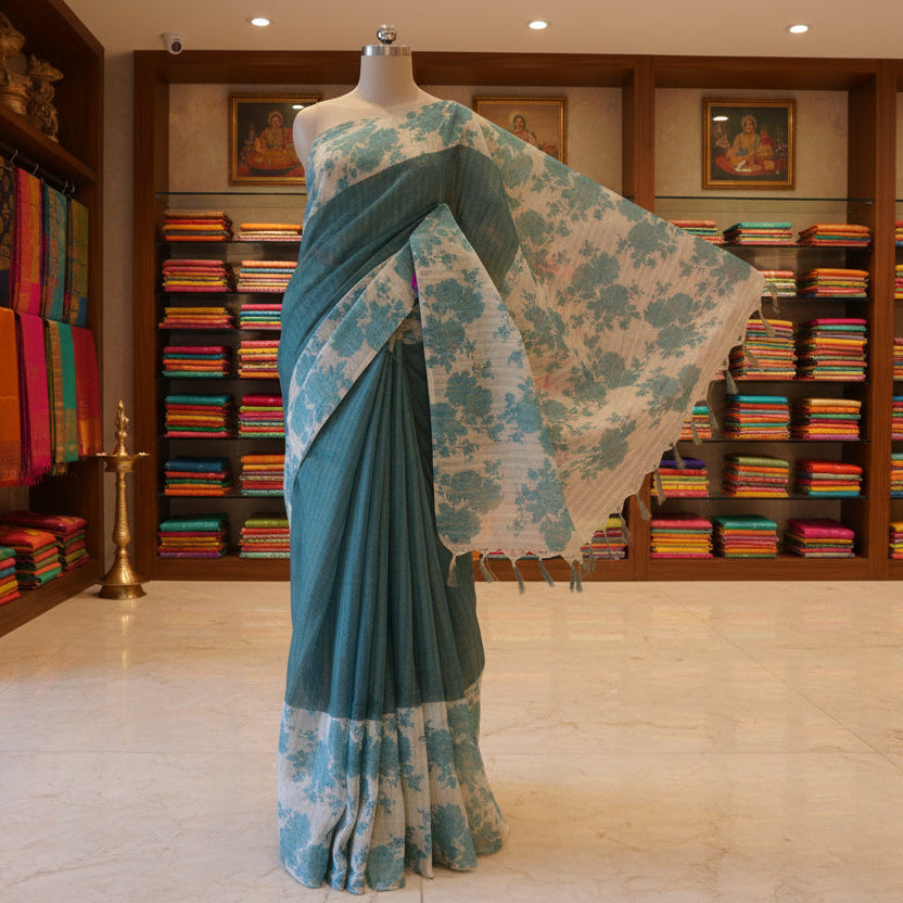 Peacock Green khadi tissue floral border saree