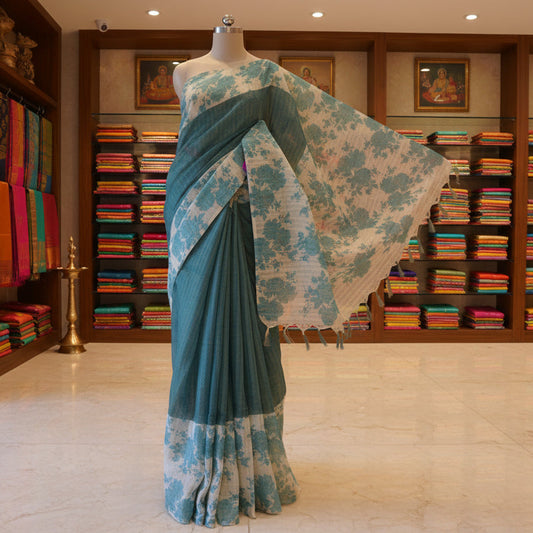 Peacock Green khadi tissue floral border saree