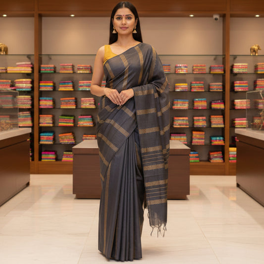 Black moonga silk saree with kalamkari blouse