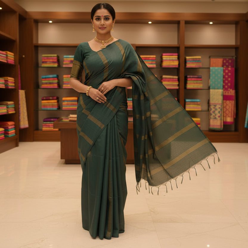 Bottle green mooga silk kalamkari blouse saree
