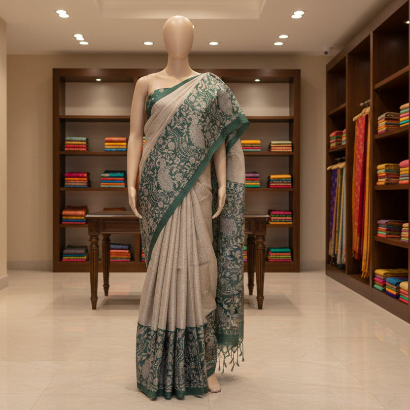 Green semi tussar checks floral border saree
