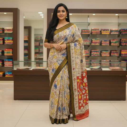 Half-white with blue kalamkari silk saree