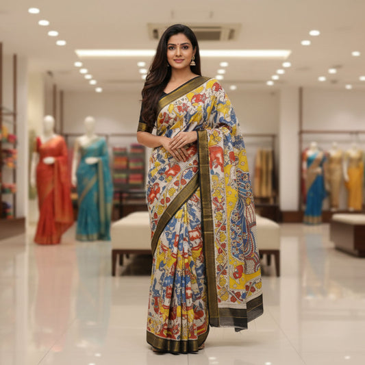 Half-white with multicolour kalamkari silk saree