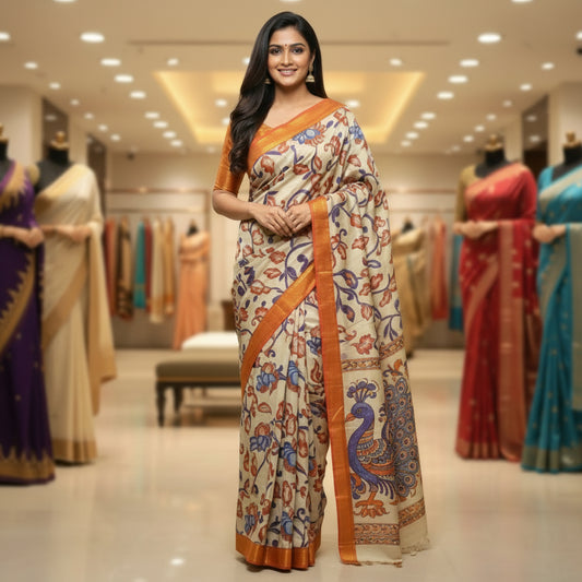 Half-white with orange kalamkari silk saree