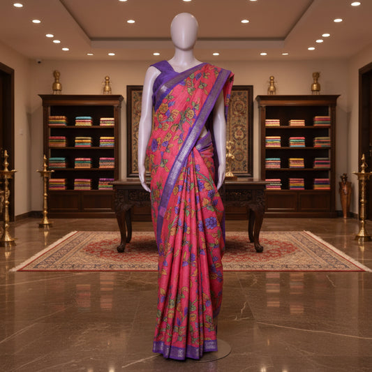 Pink koria silk floral print border saree