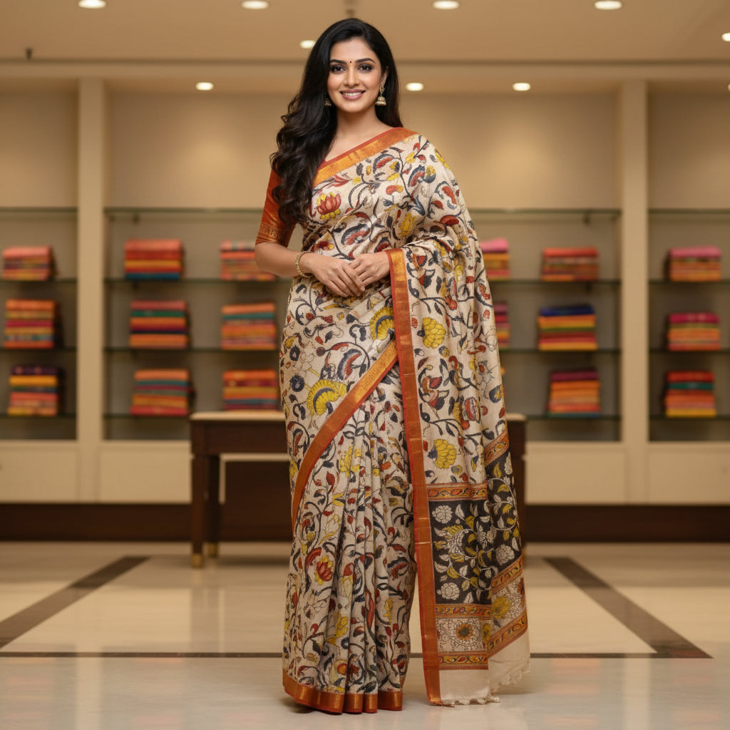 Half-white with red kalamkari silk saree