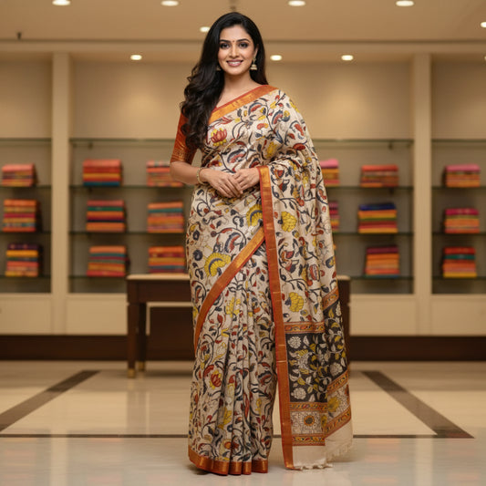 Half-white with red kalamkari silk saree