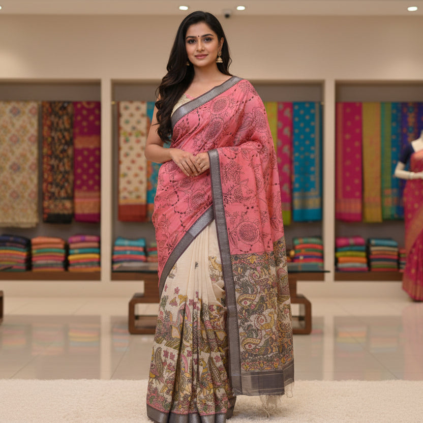 pink pure mangalagiri silk half n half saree