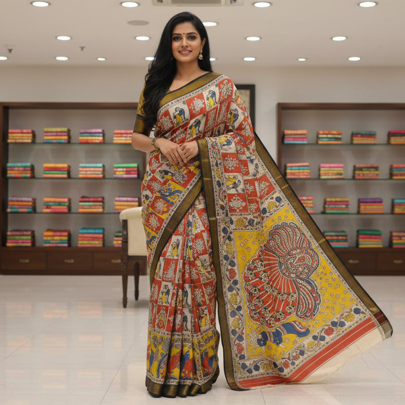 Yellow and black nizam border kalamkari silk saree