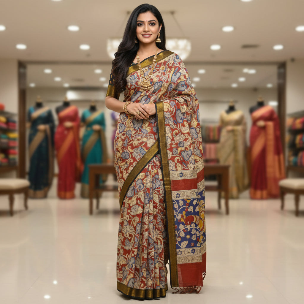 Red and black nizam border kalamkari silk saree
