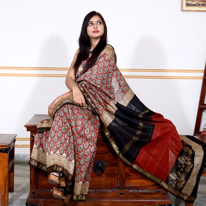 orange ajrakh handblock printed pure maheshwari silk saree