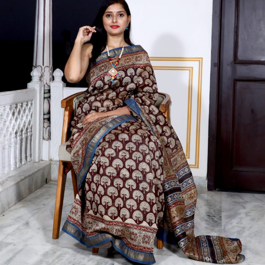 Brown ajrakh handblock printed pure maheshwari silk saree