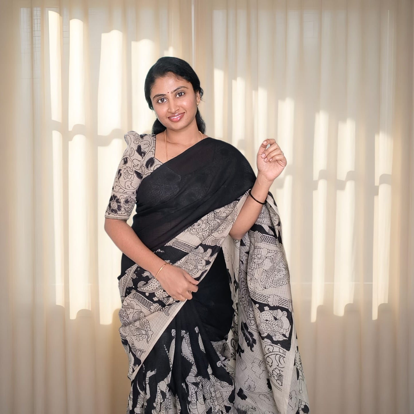 Black kota cotton kalamkari saree