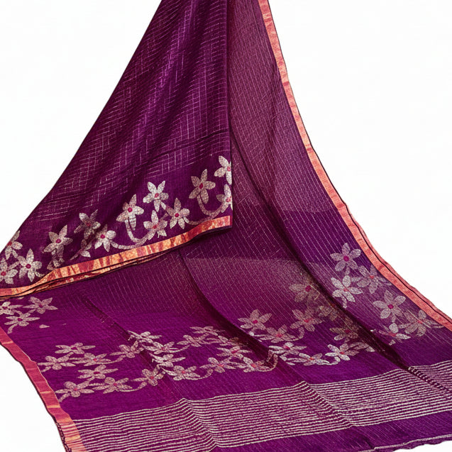 Purple handloom pure linen jamdani saree