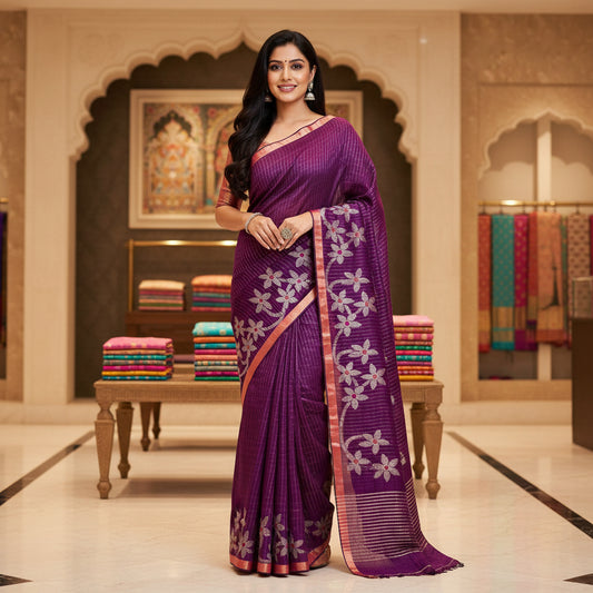 Purple handloom pure linen jamdani saree