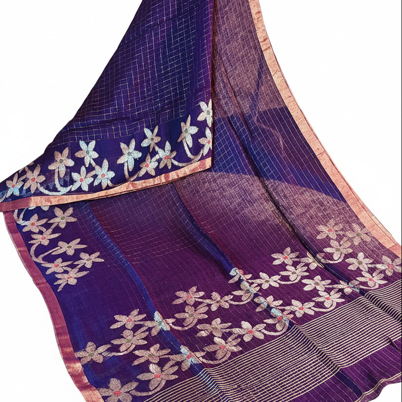 Dark purple handloom pure linen jamdani saree
