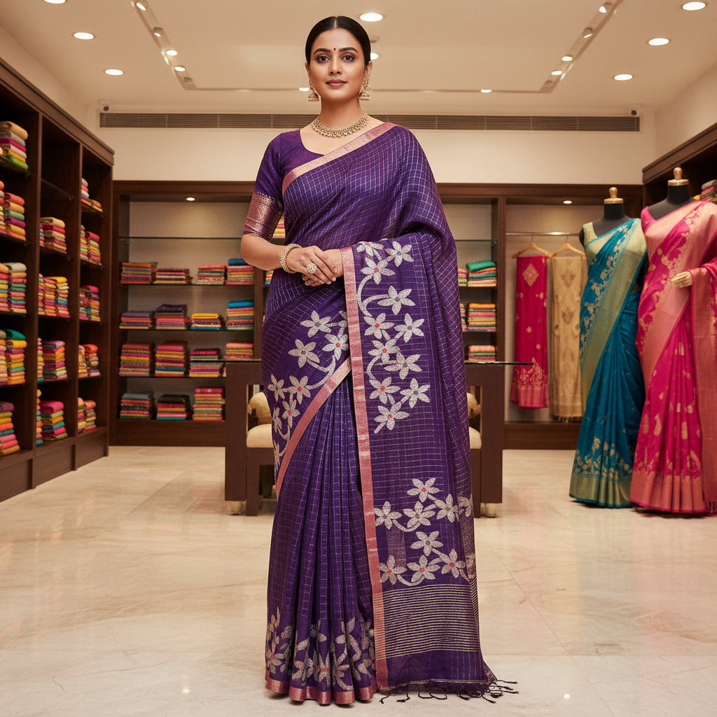 Dark purple handloom pure linen jamdani saree