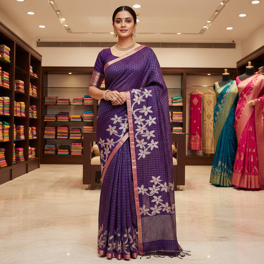 Dark purple handloom pure linen jamdani saree