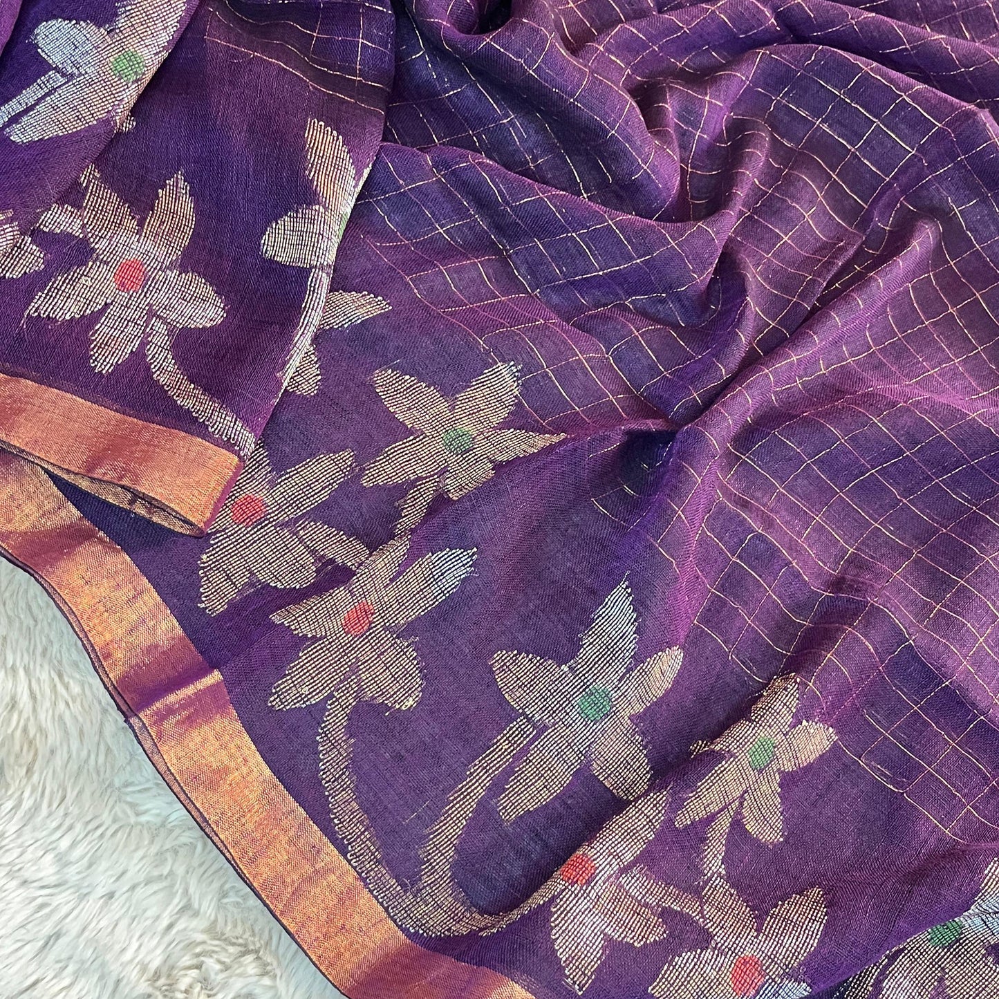 Dark purple handloom pure linen jamdani saree