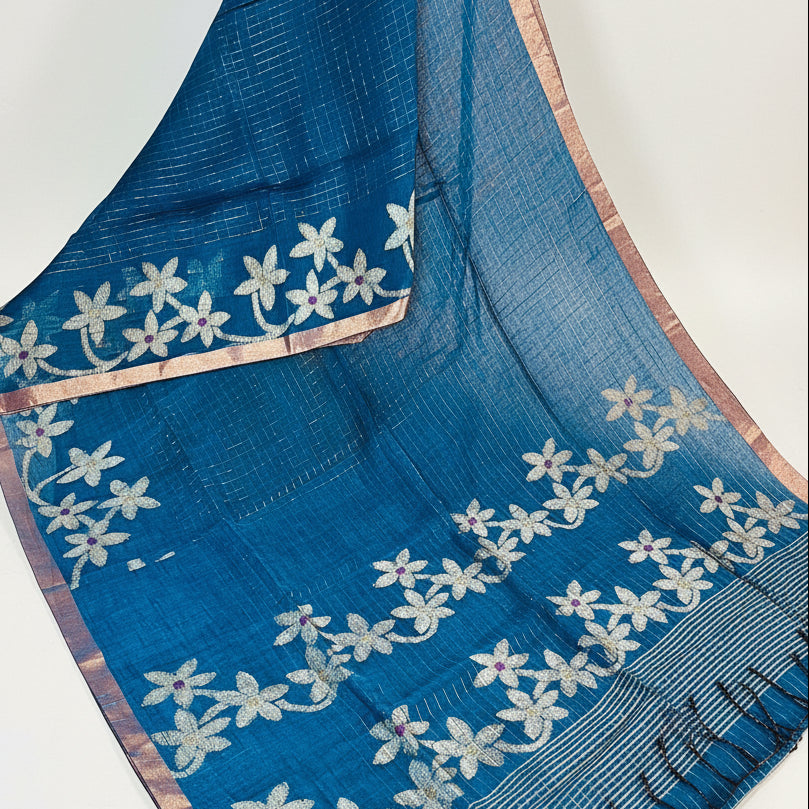 Blue handloom pure linen jamdani saree