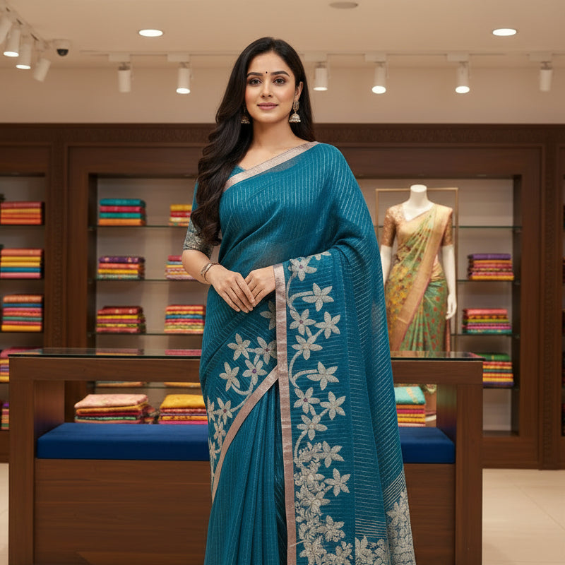 Blue handloom pure linen jamdani saree