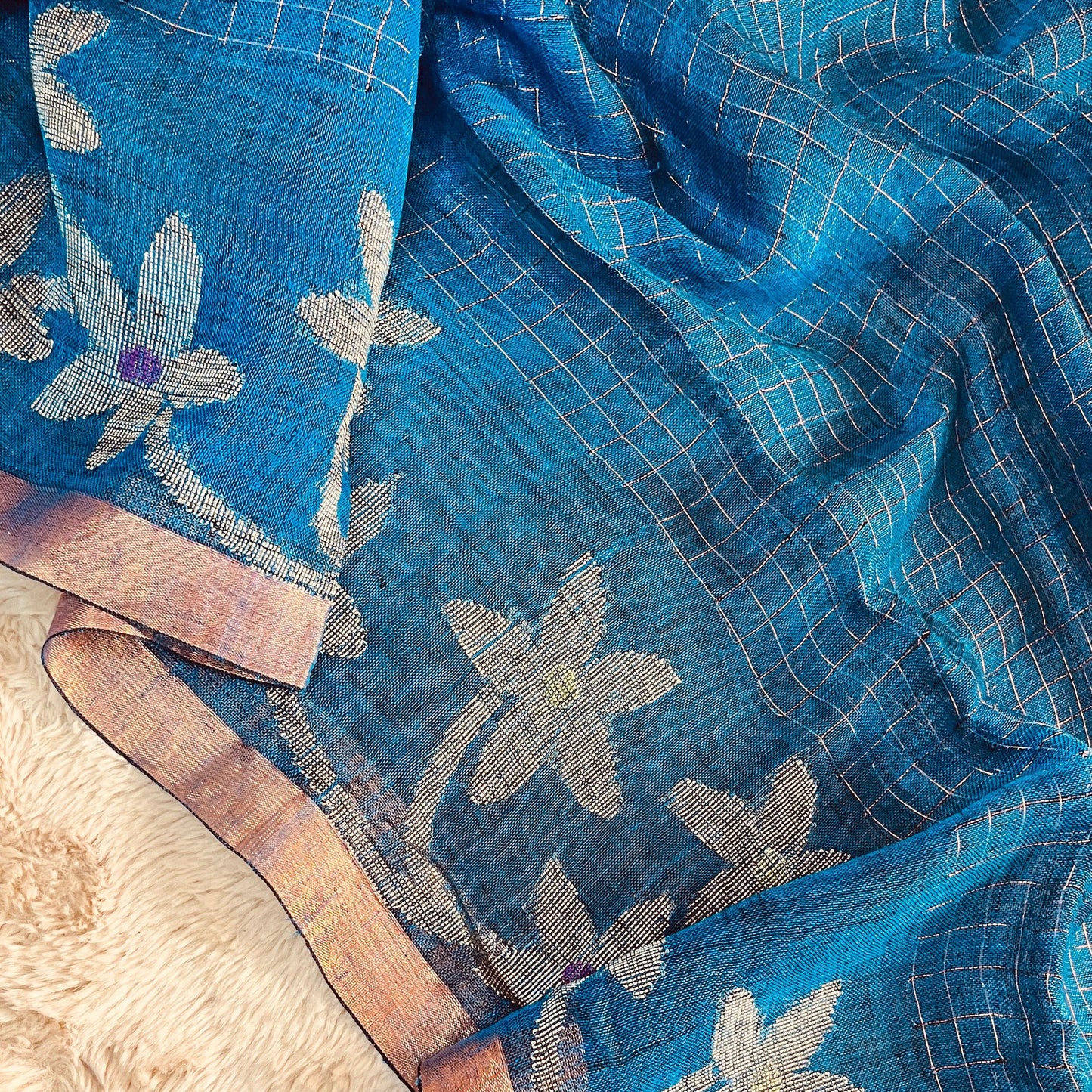Blue handloom pure linen jamdani saree
