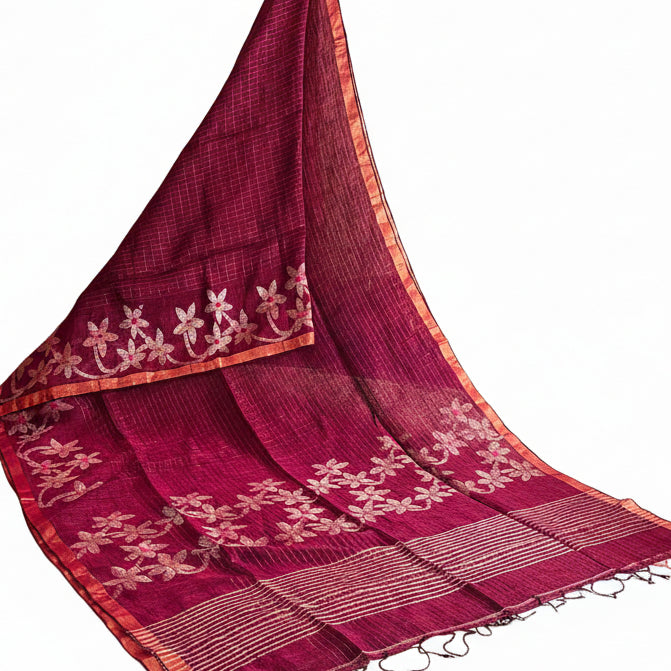 Magenta pink handloom pure linen jamdani saree