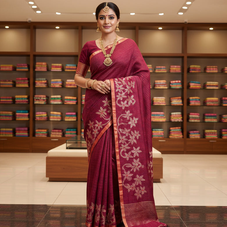 Magenta pink handloom pure linen jamdani saree