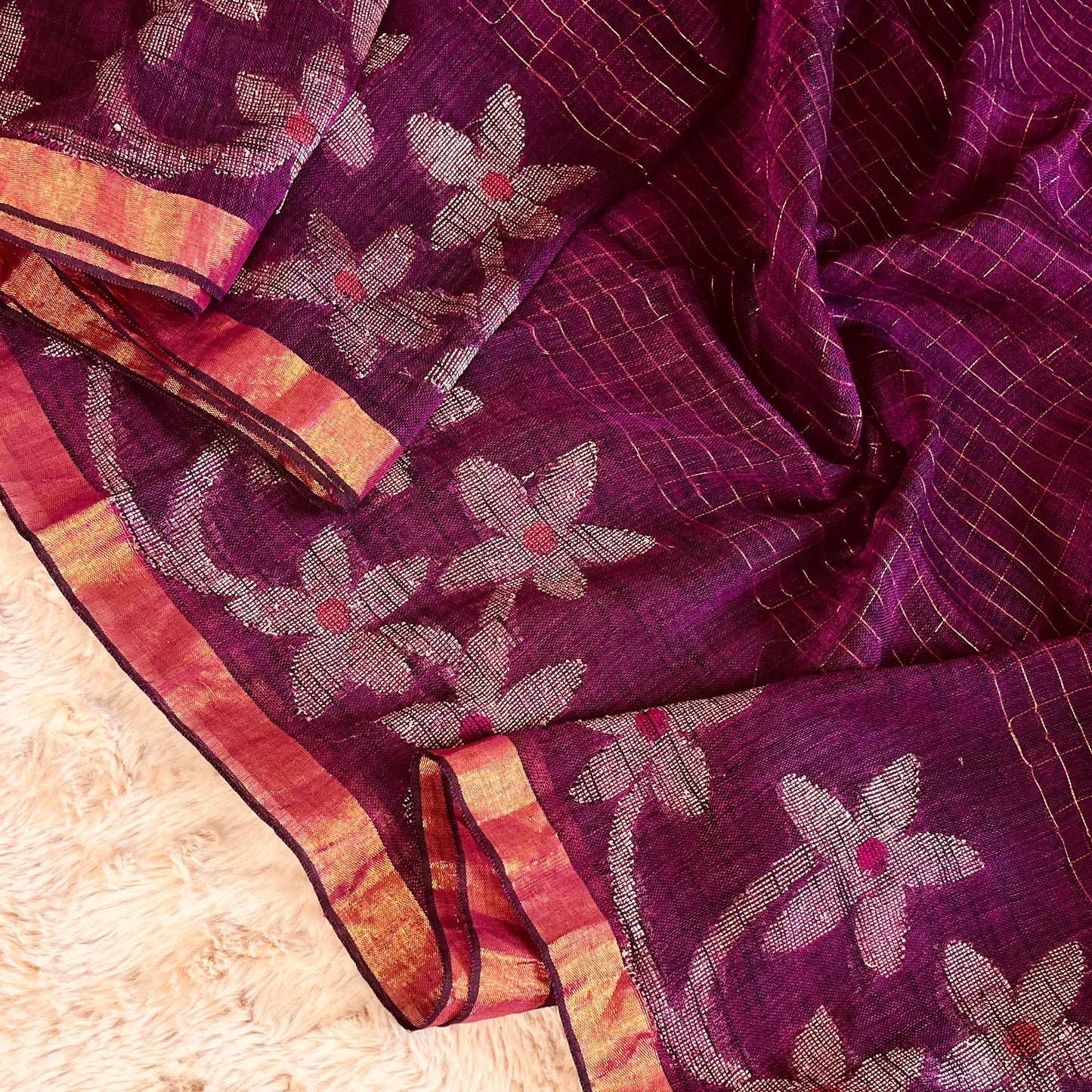 Purple handloom pure linen jamdani saree