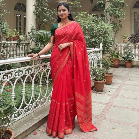 Red viscose crepe saree