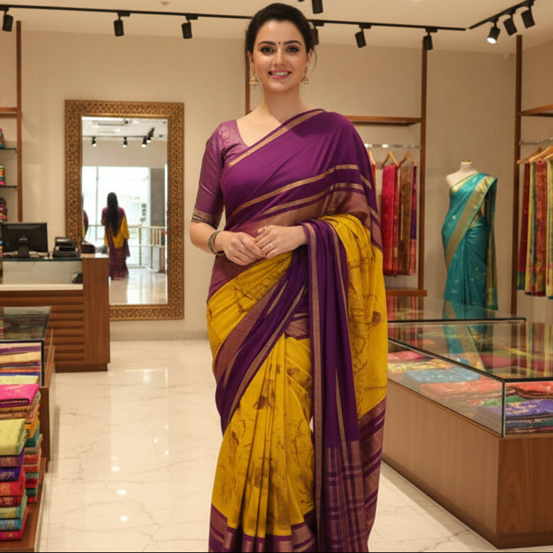 Yellow purple contrast semi mysore crepe kalamkari saree