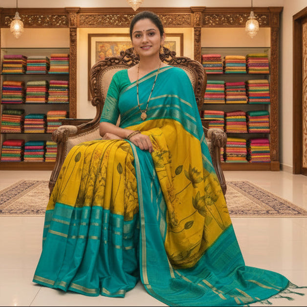 Lemon yellow semi mysore crepe Kalamkari saree