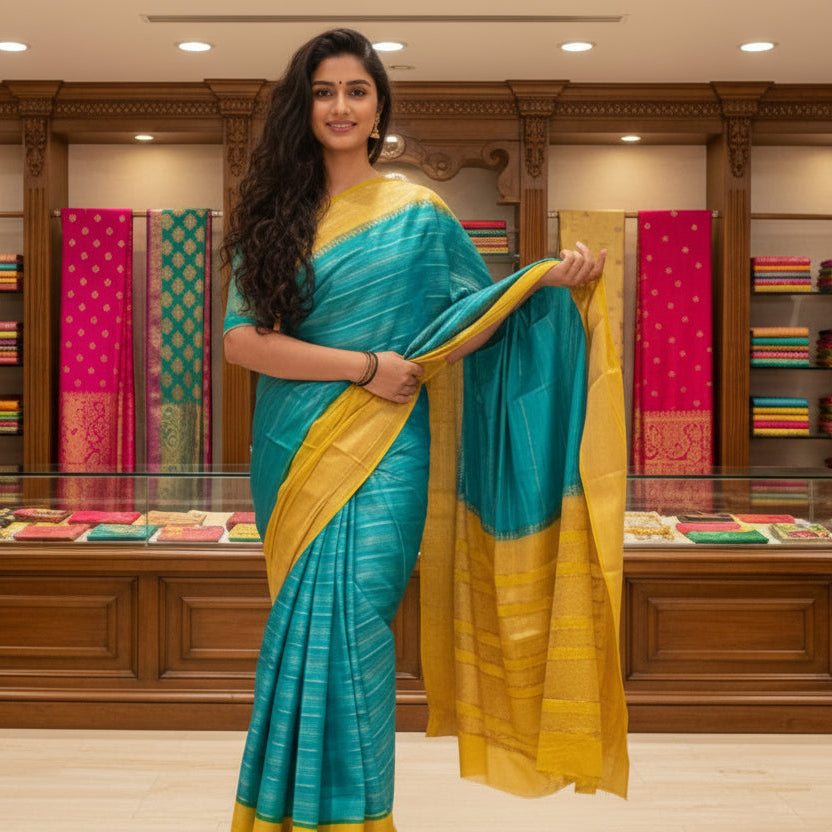 Rama green and yellow semi mysore crepe saree