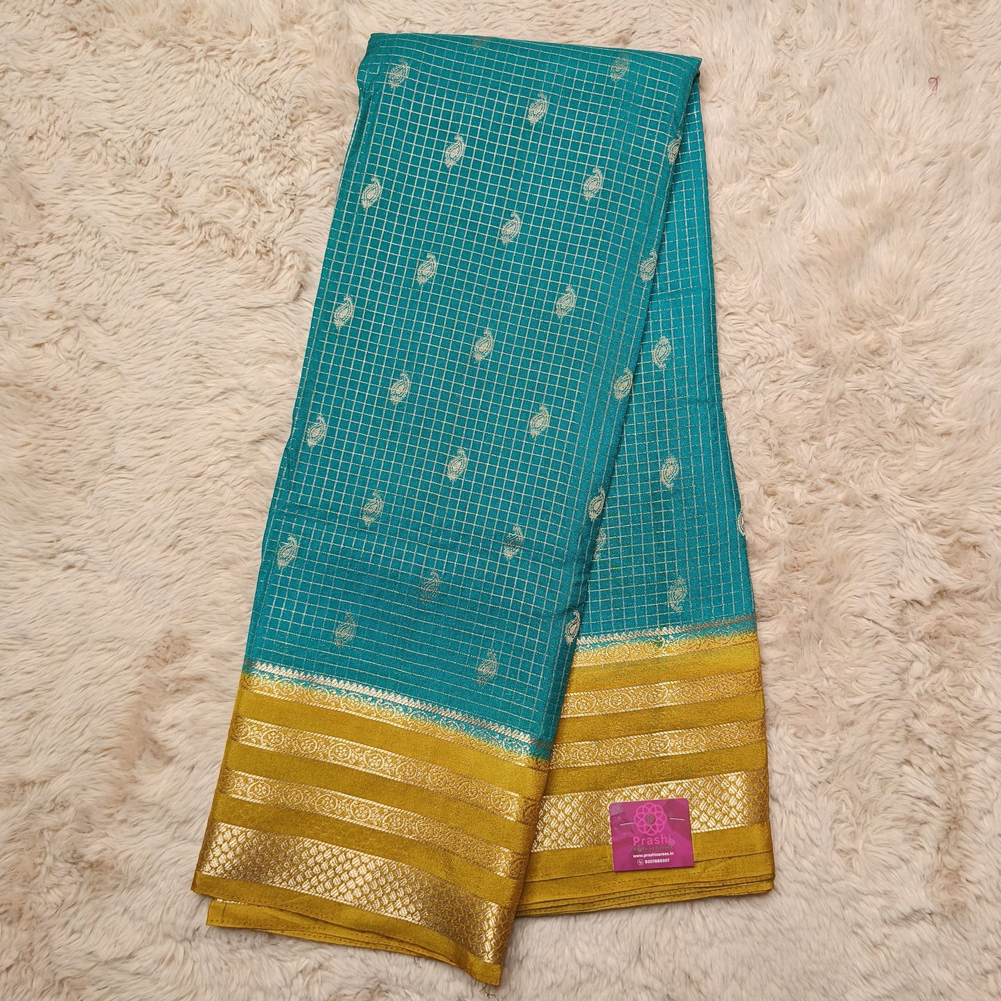 Rama green with yellow semi mysore crepe checks saree