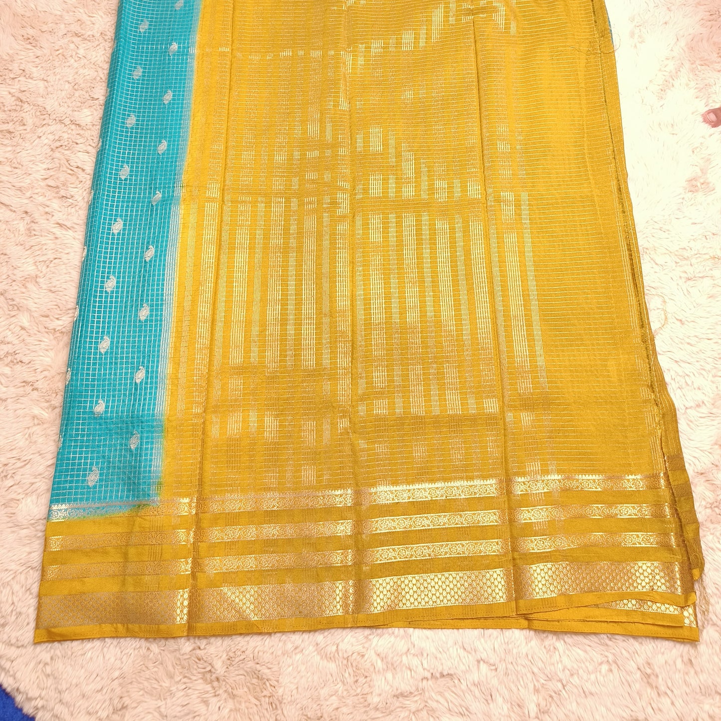 Rama green with yellow semi mysore crepe checks saree