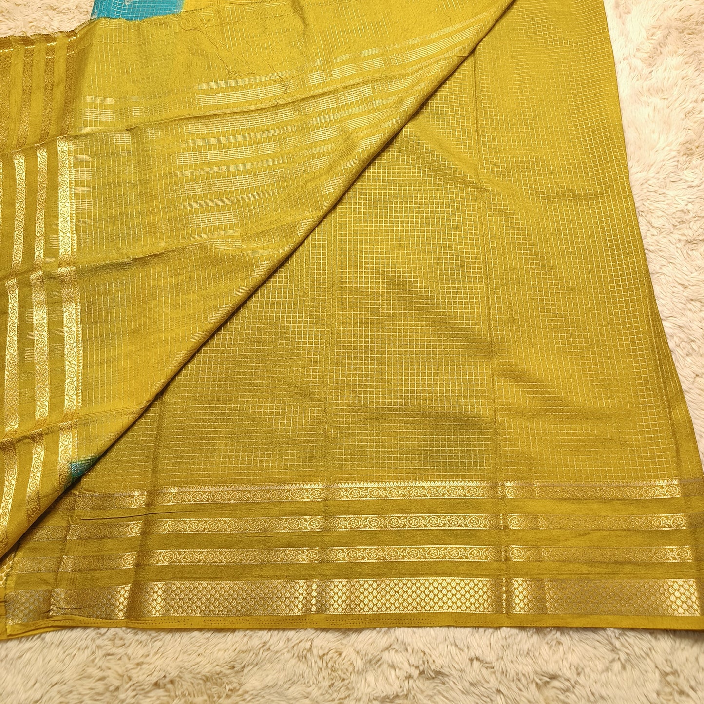 Rama green with yellow semi mysore crepe checks saree