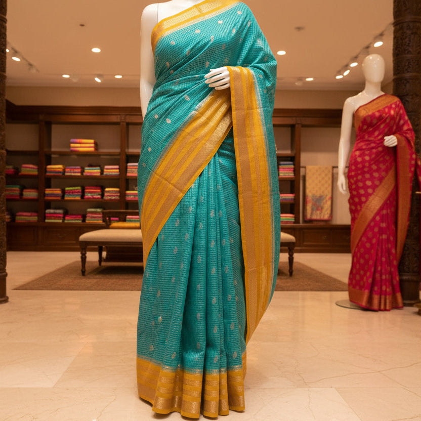 Rama green with yellow semi mysore crepe checks saree